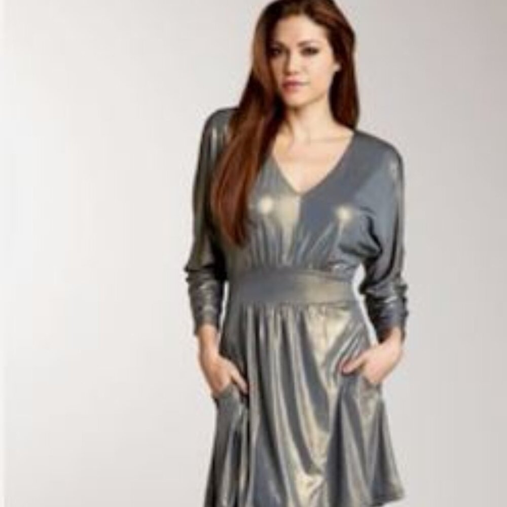 GUESS Dolman Sleeve V-neck Metallic Stretch Jersey Dress
